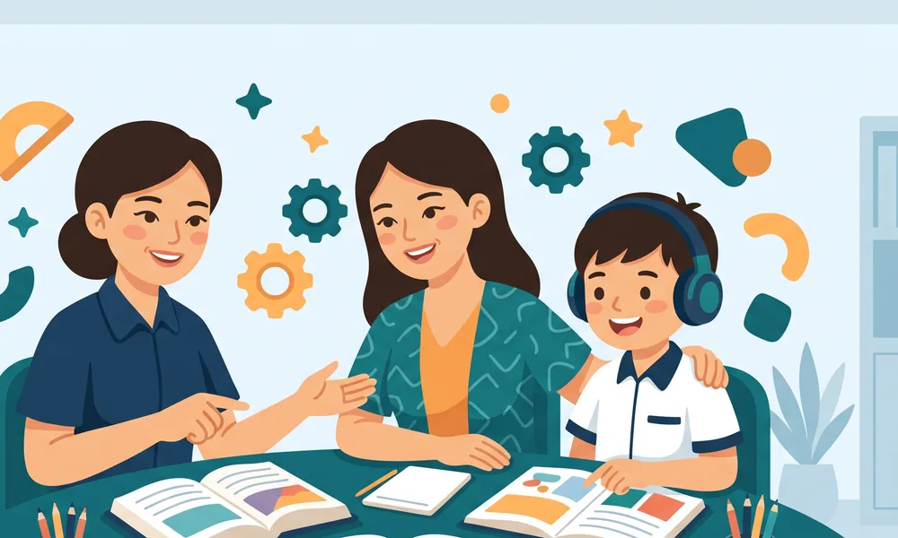 Students, parents and teachers sharing the joy of learning English