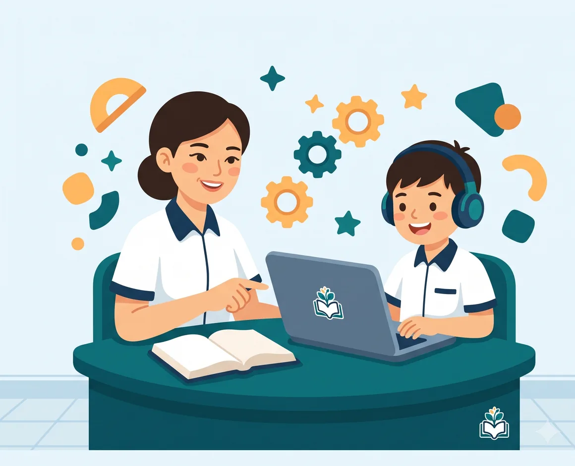 Students learning English on a computer with materials reviewed by teachers