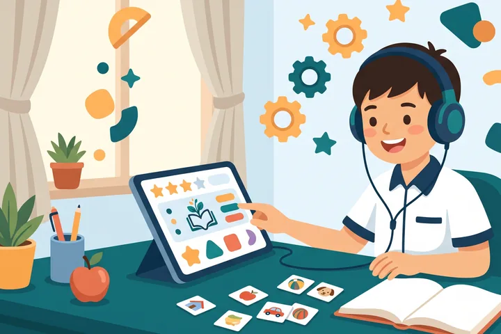A student practising English with headphones and books